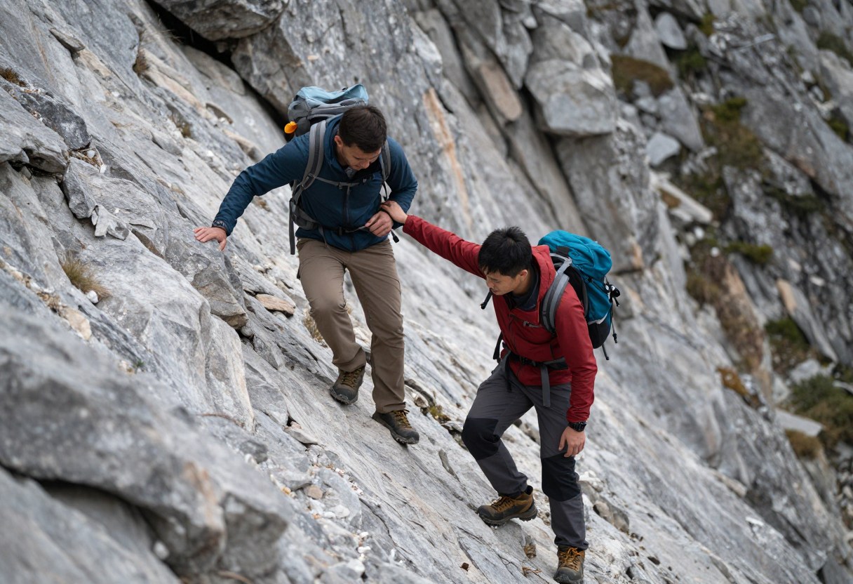 One hiker helping steady another hiker while descending a steep mountain trail