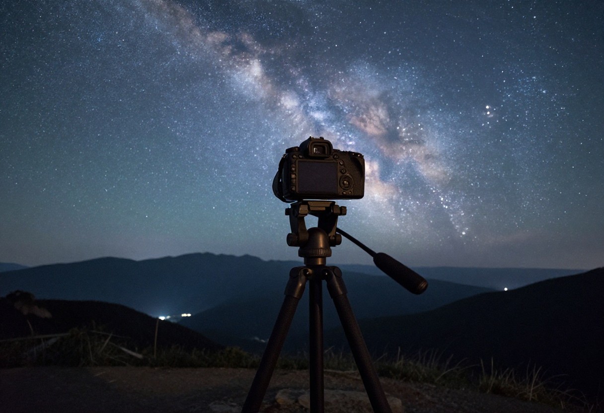 A DSLR camera mounted on a tripod photographing a brilliant Milky Way over a mountain landscape at night