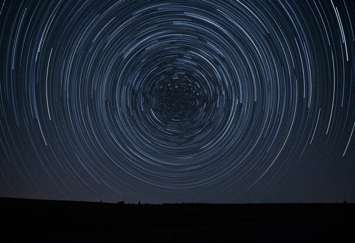 A long exposure photograph showing circular star trail streaks across the night sky above a silhouetted landscape