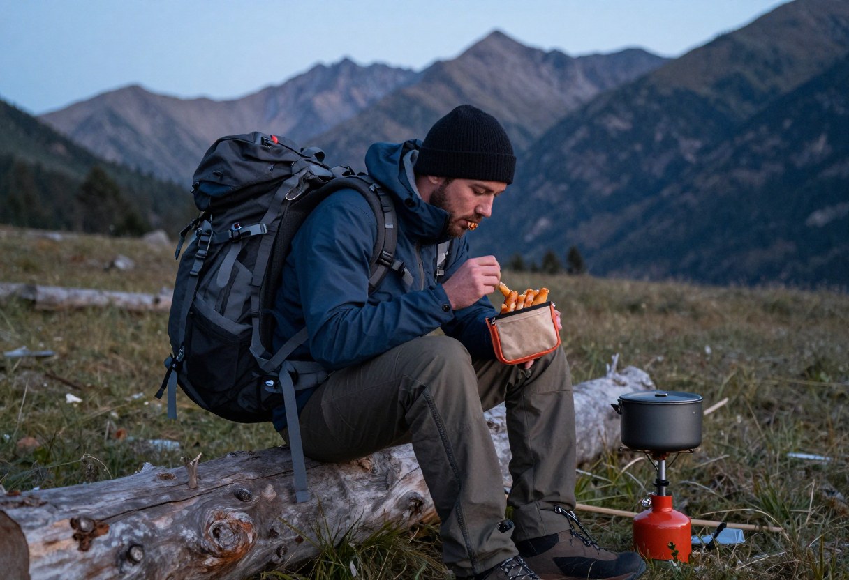 A backpacker sitting on a log at camp eating a hot meal from a pouch with a small stove beside them at dusk