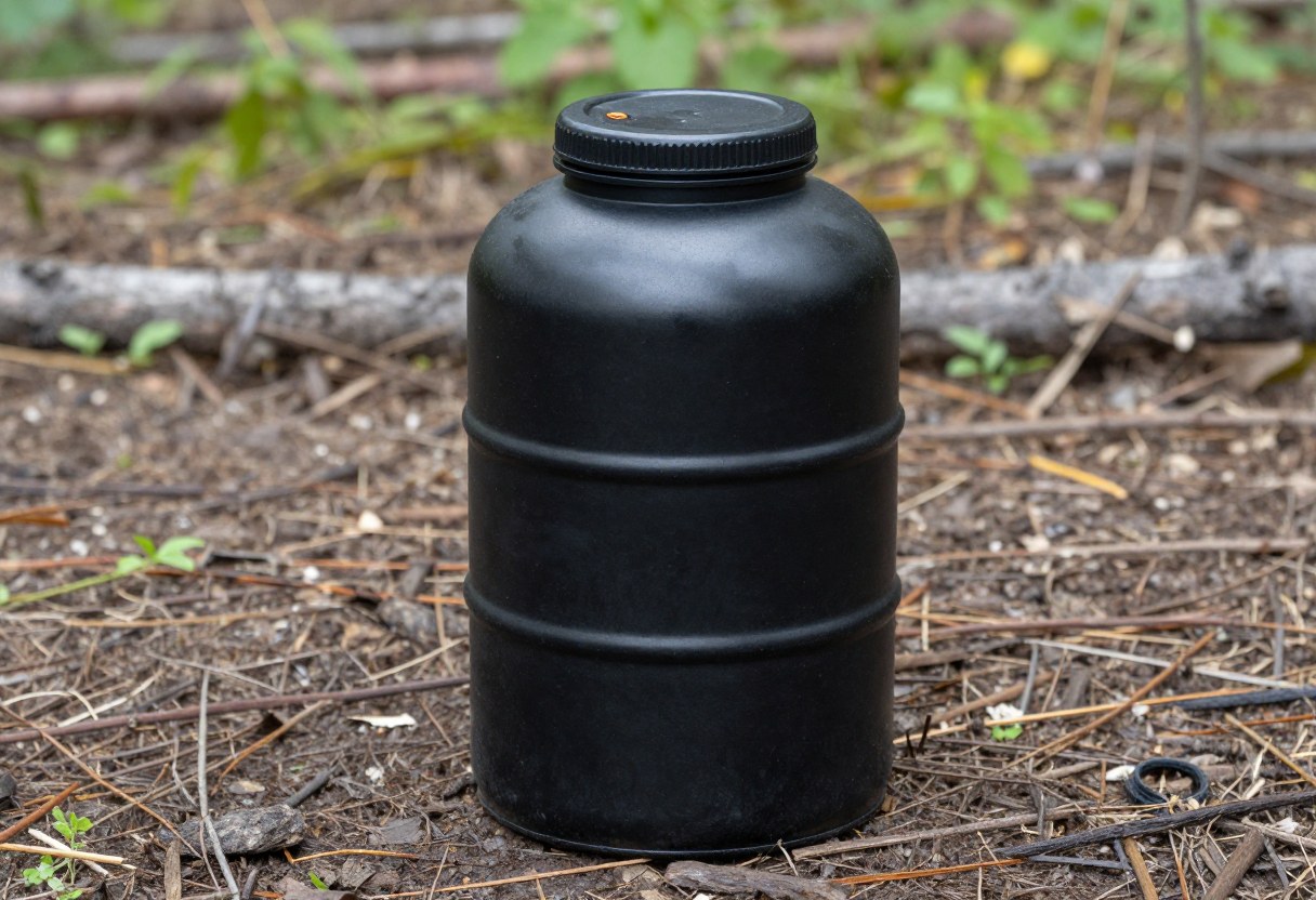 A hard-sided bear canister sitting on the ground away from a tent at a backcountry campsite