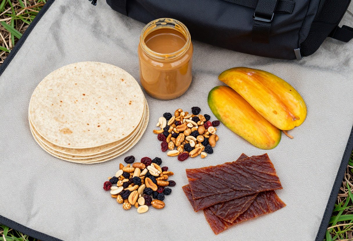 An assortment of backpacking food laid out on a ground cloth: tortillas, nut butter packets, dried fruit, trail mix, jerky, and instant meal pouches