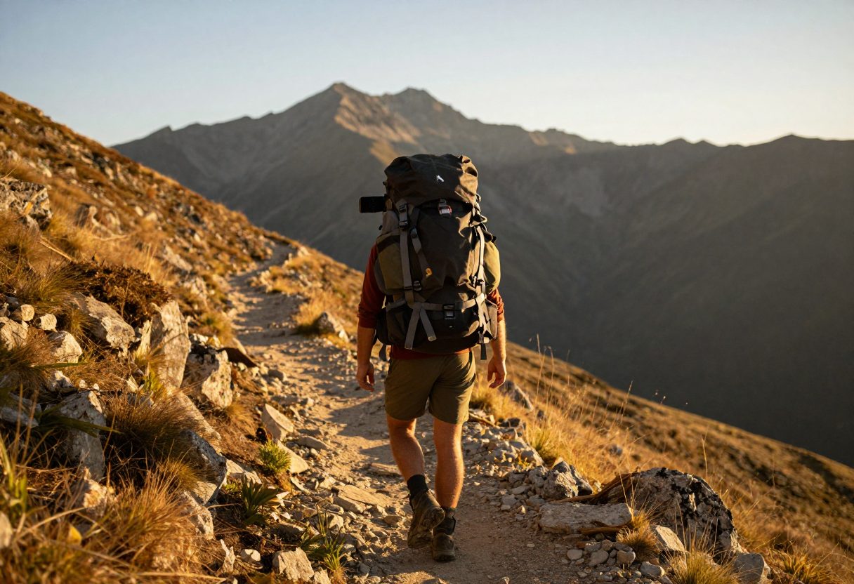 A hiker with a loaded backpacking pack walking a mountain trail at golden hour
