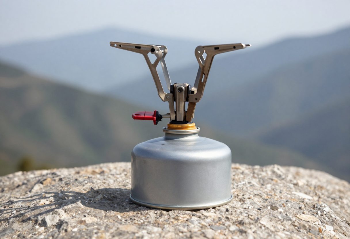 A compact single-canister backpacking stove on a mountain ledge