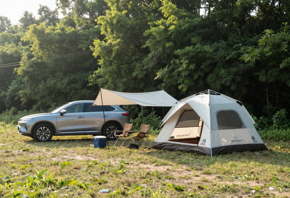 An SUV parked beside a large tent at a forest campsite