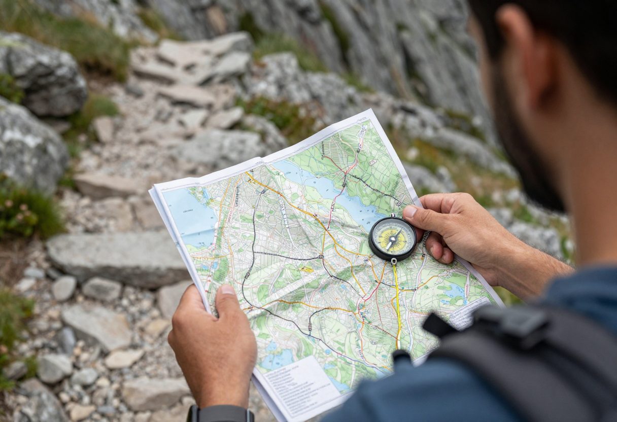 A hiker checking a paper trail map and compass