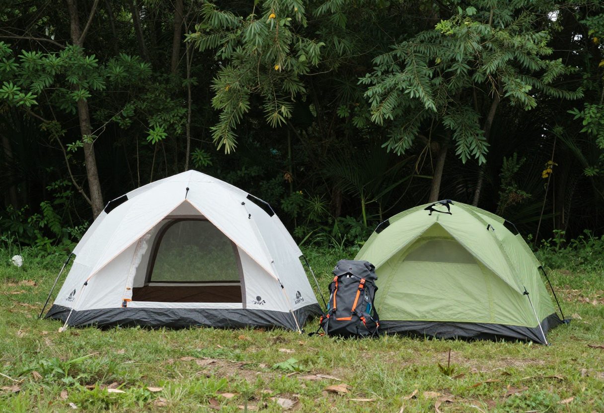 A car-camping tent and a backpacking tent pitched side by side in a forest
