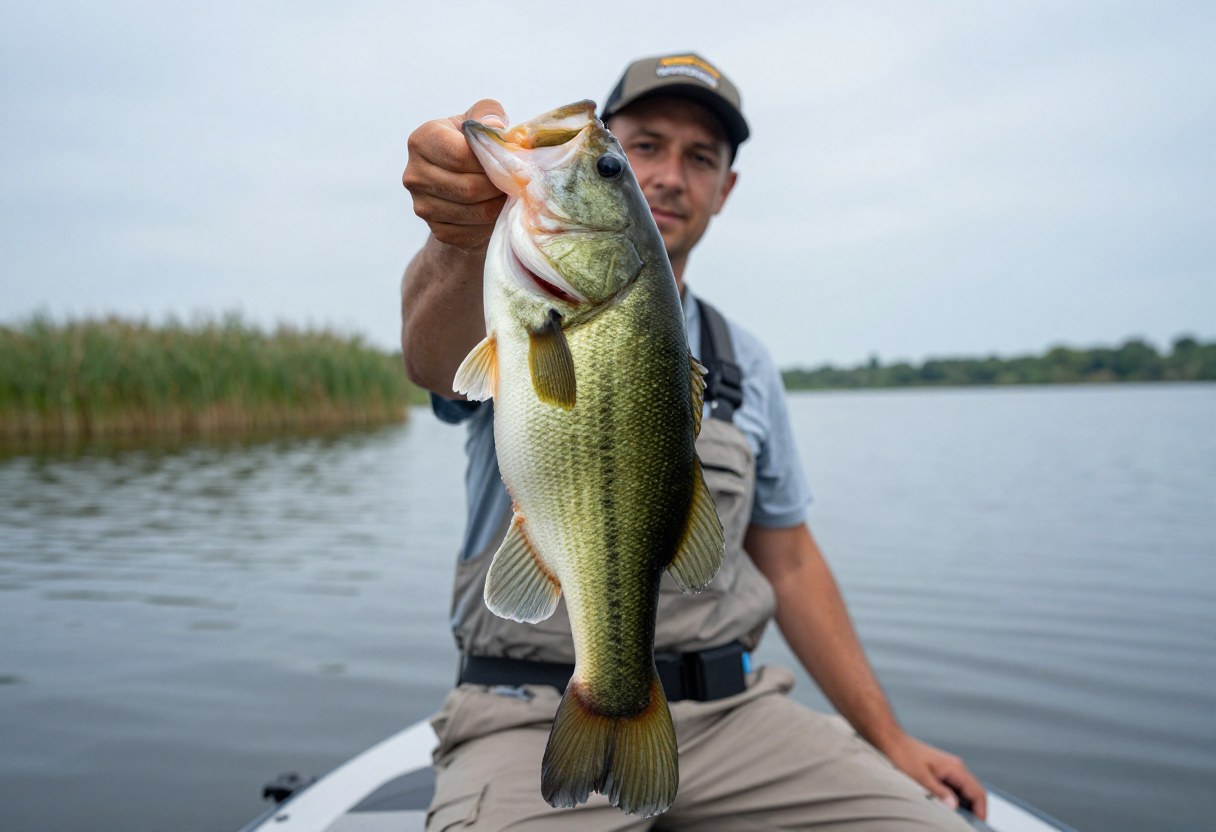 An angler holding a large largemouth bass close to the camera on a lake, a proud catch photo