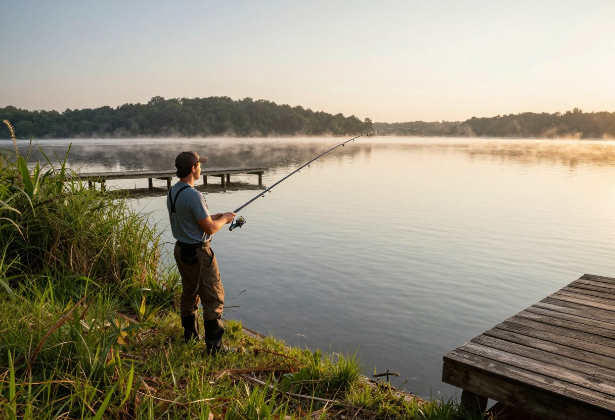 An angler casting a fishing rod toward a weedy shoreline and a wooden dock on a calm lake at sunrise