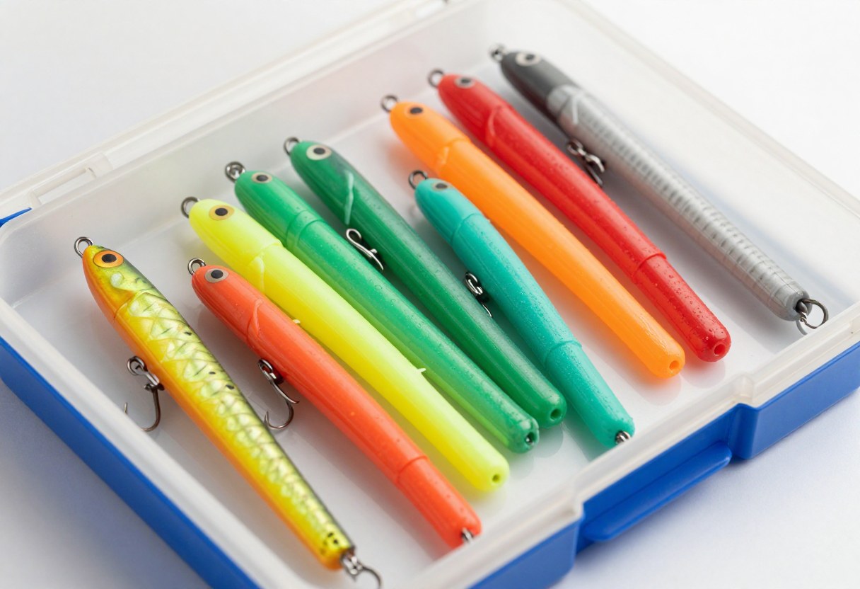 An assortment of colorful soft plastic worm lures and spinnerbaits laid out on a tackle box lid