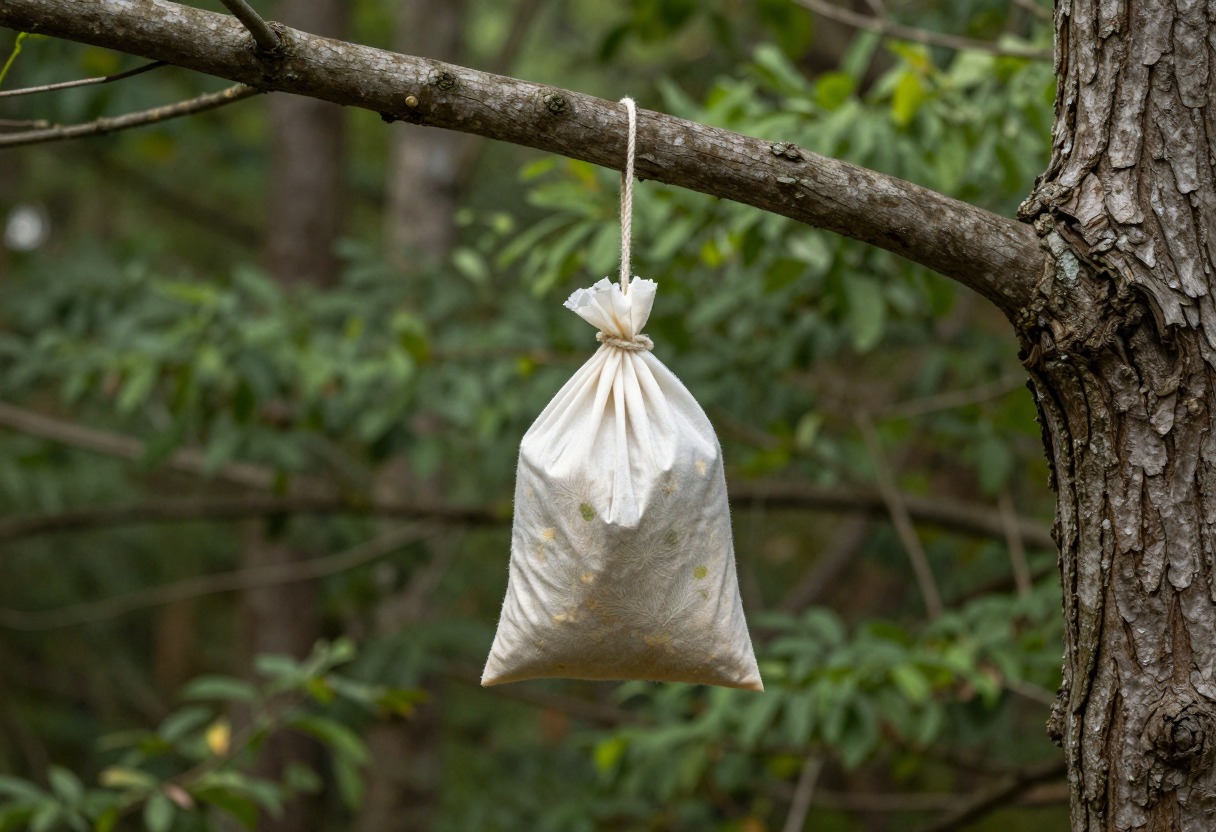 A food bag hanging from a rope over a tree branch, well above head height