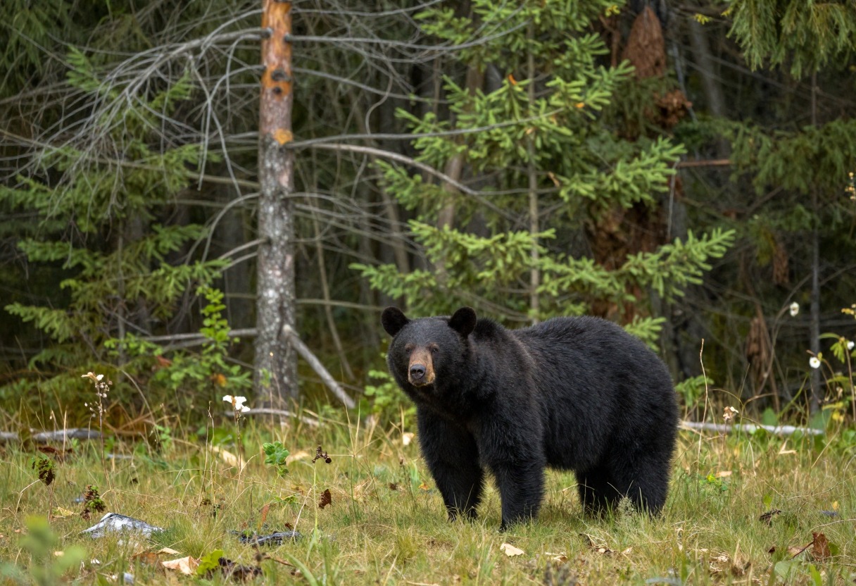 A black bear standing at a distance in a forest clearing