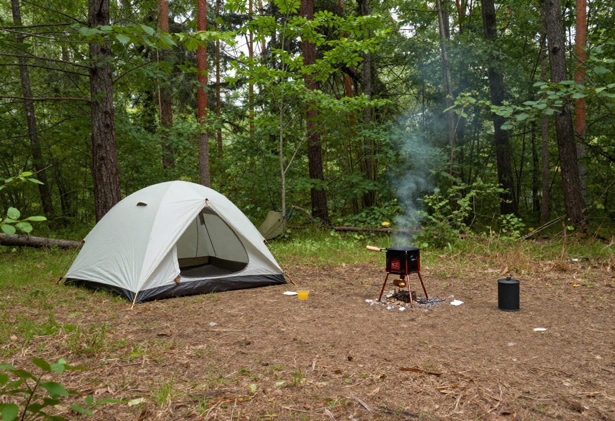 A campsite with a tent, a separate cooking area, and a food storage spot visibly spread apart in a forest clearing