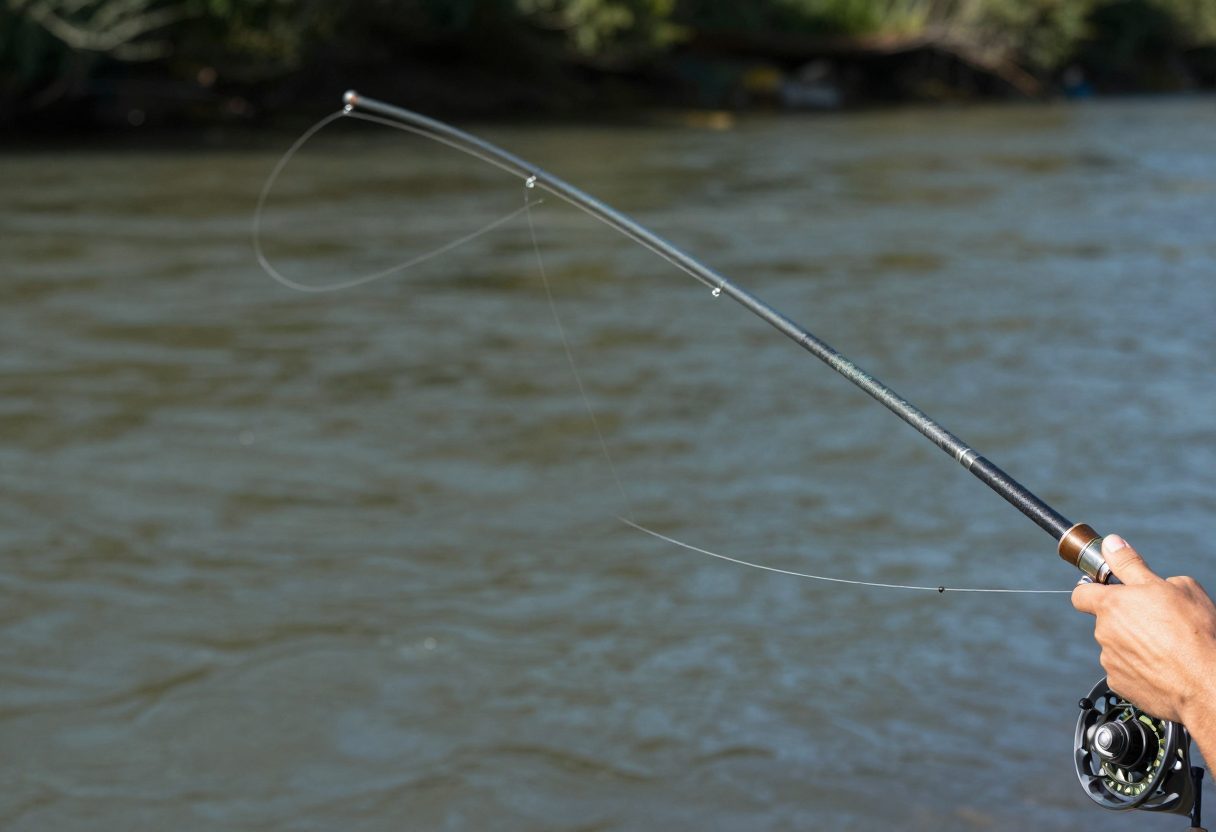Close-up of a fly rod mid-cast with the fly line forming a loop in the air over a river