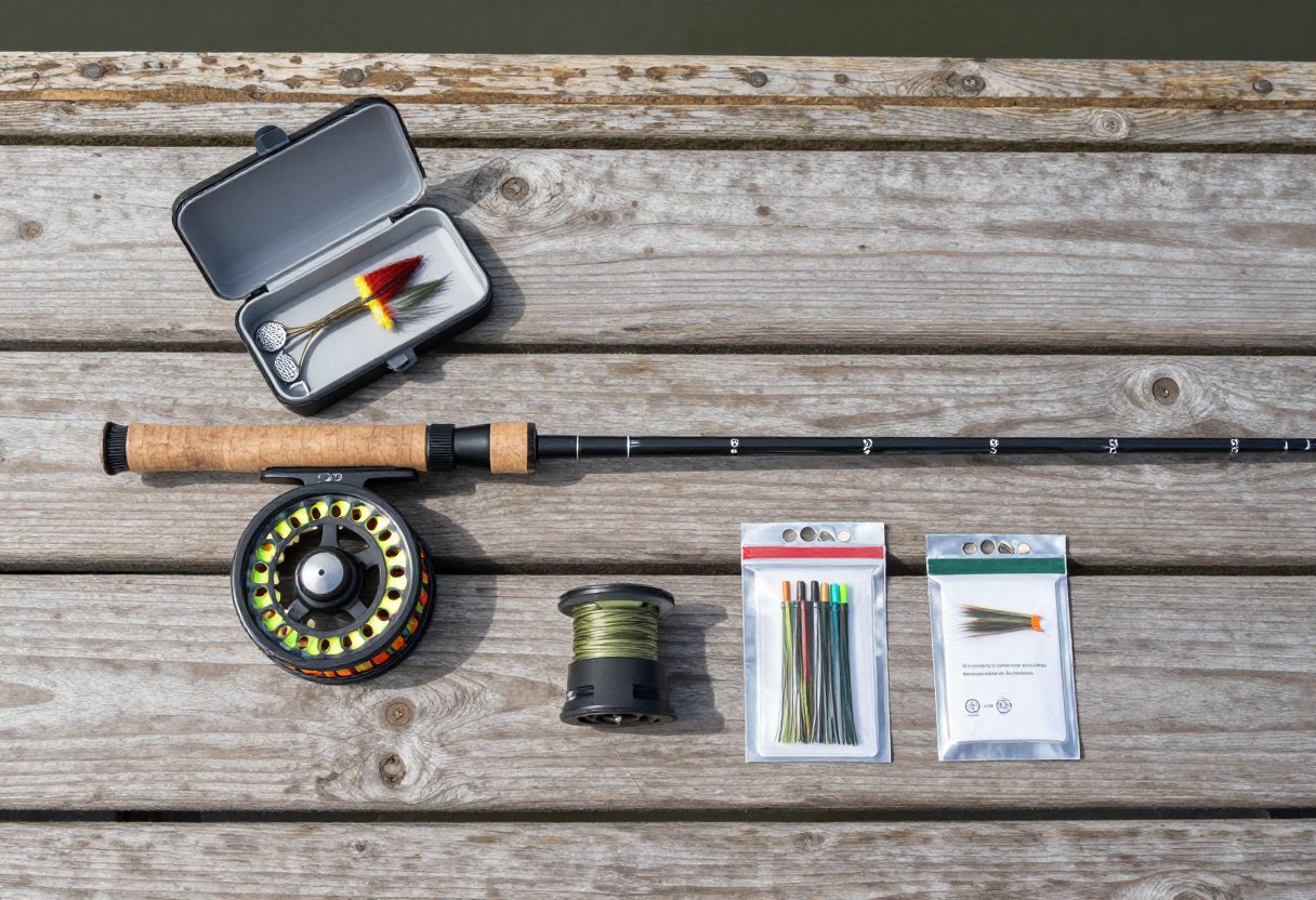 A fly rod, reel, fly box, and leader packets laid out on a wooden dock