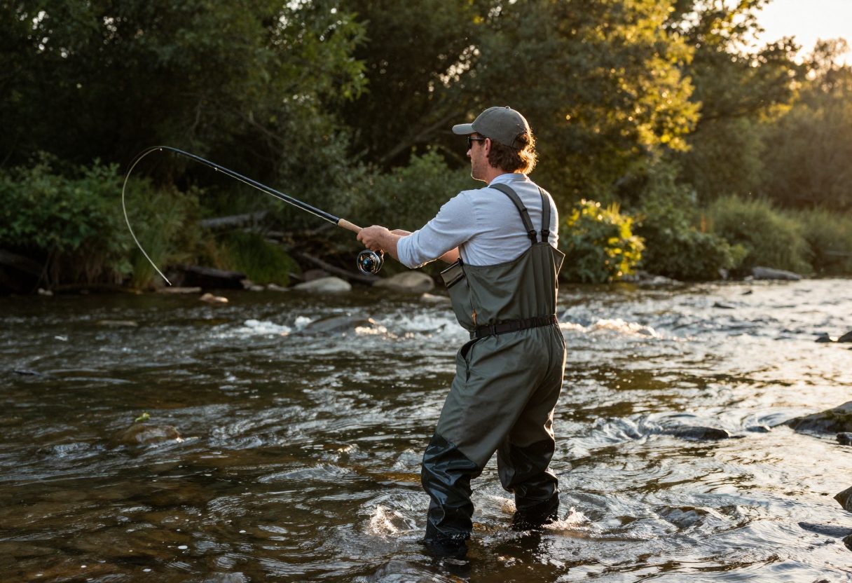 An angler fly fishing in a river at golden hour, mid backcast
