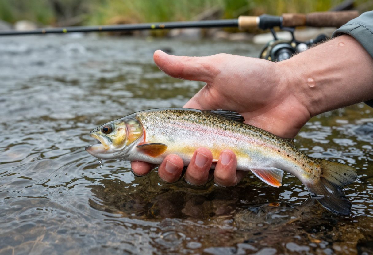 An angler gently holding a trout with wet hands just above the water, releasing it