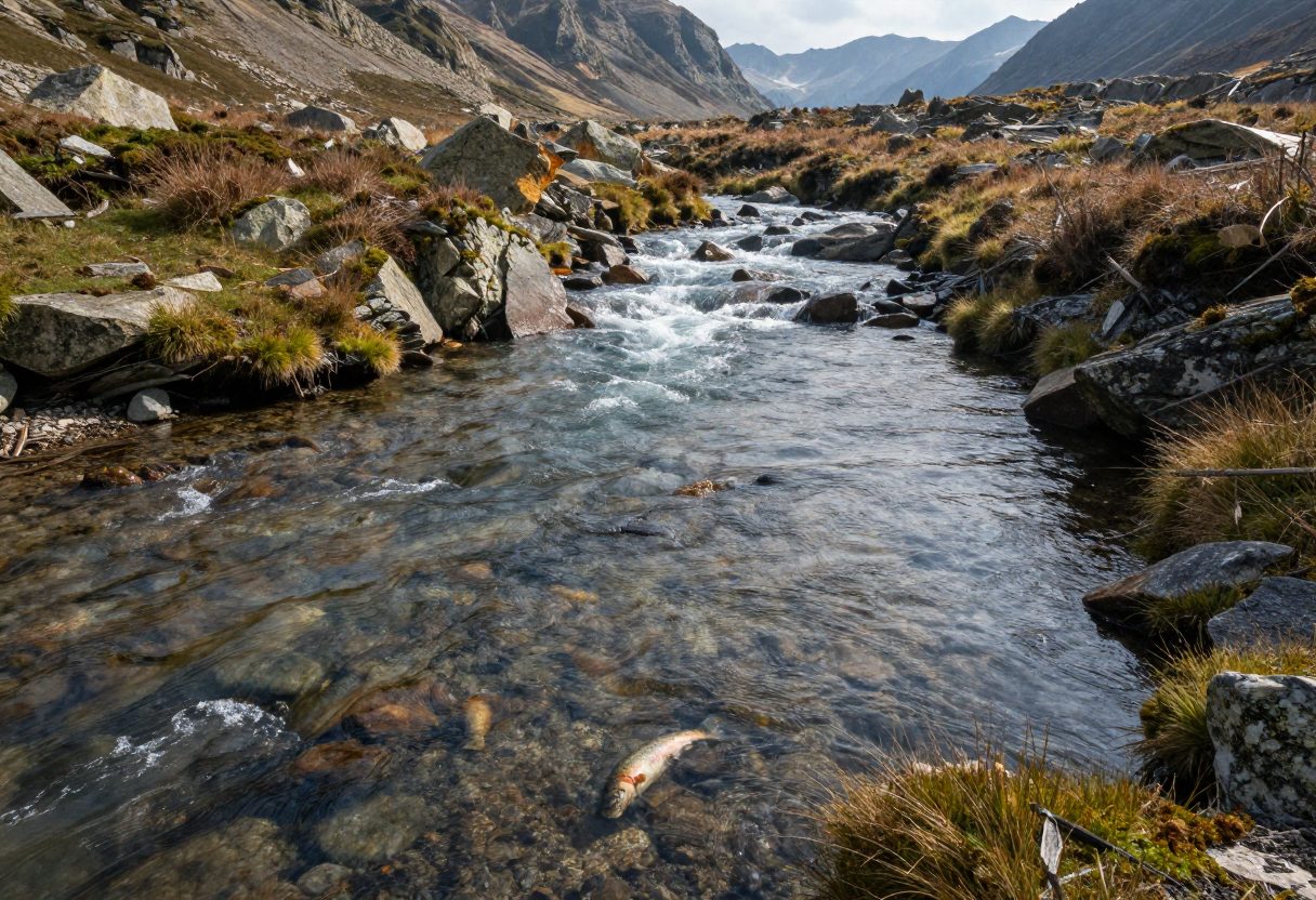 A clear mountain trout stream showing riffles, current seams, and rocky structure