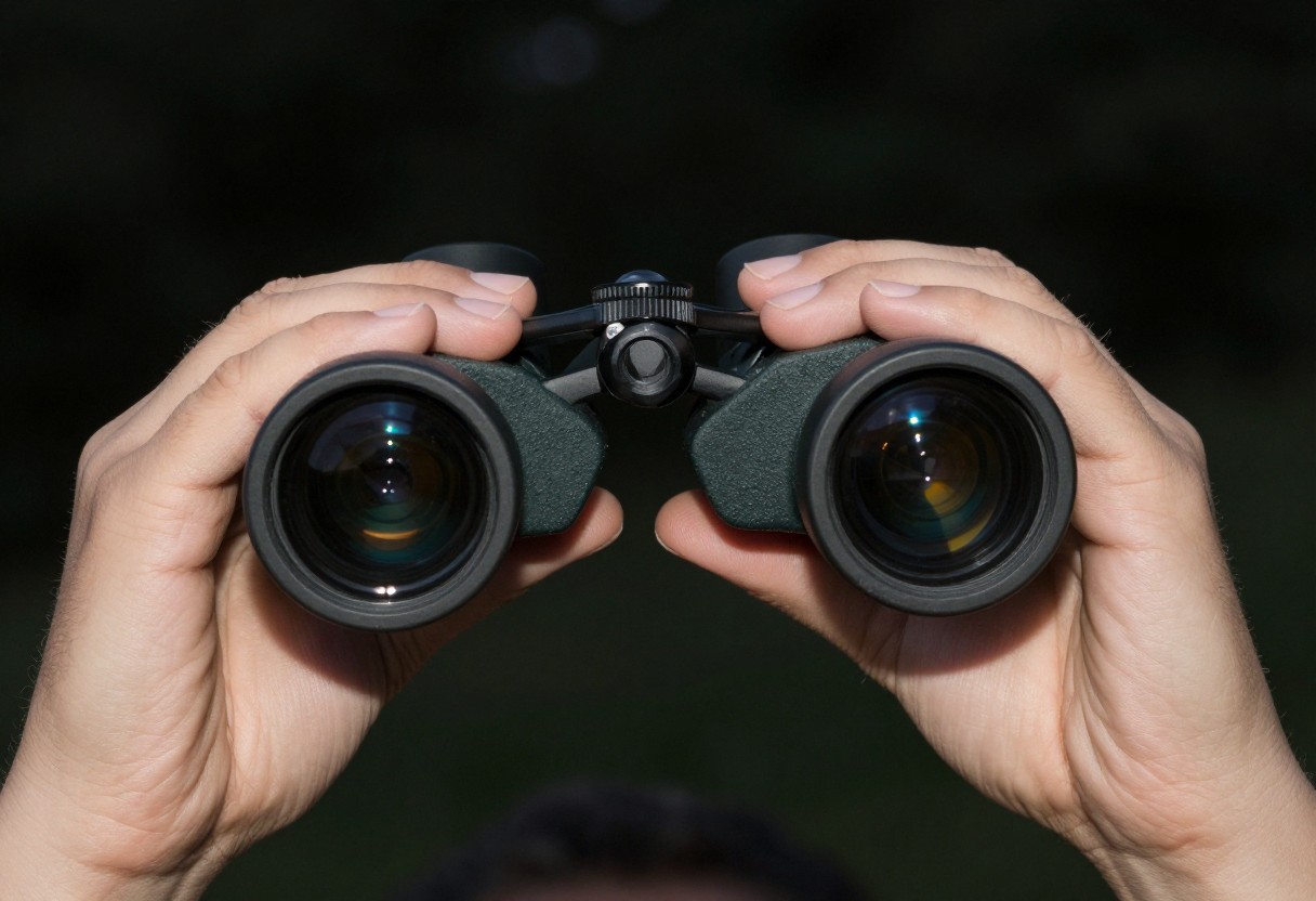 Close-up of hands adjusting the focus wheel on a pair of binoculars outdoors at night