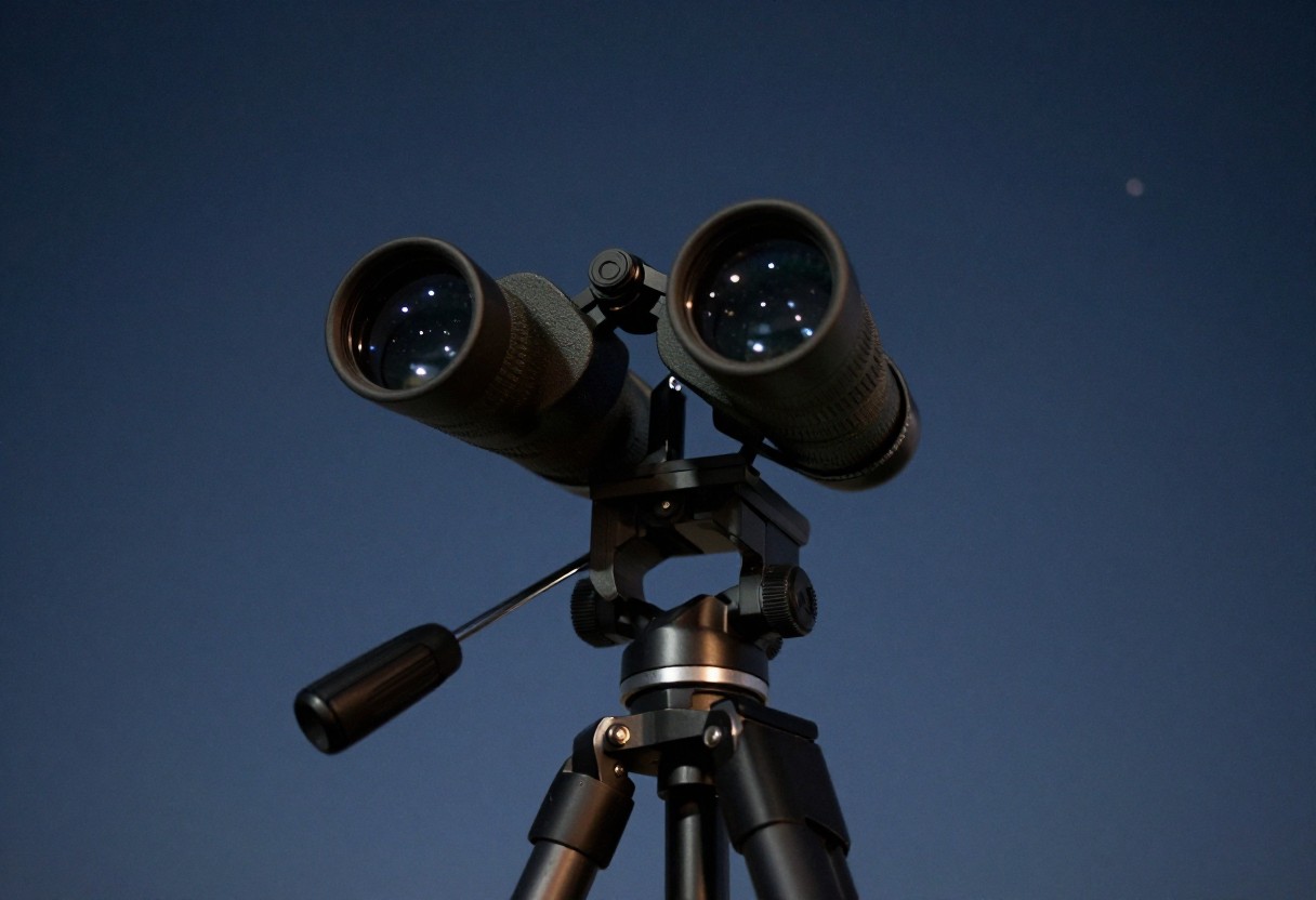 Binoculars mounted on a tripod via an adapter, pointed upward at a starry night sky