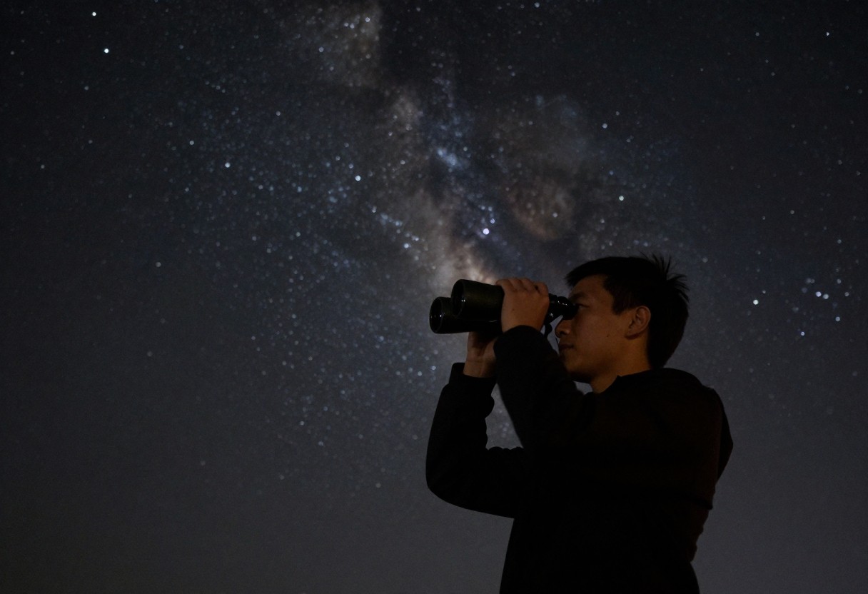 A person holding binoculars up to their eyes looking at a starry night sky, silhouette against the stars