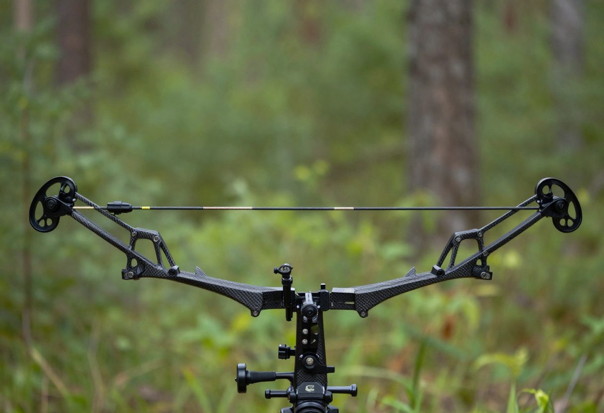 Front view of a crossbow's cammed limb assembly with a bolt loaded on the rail