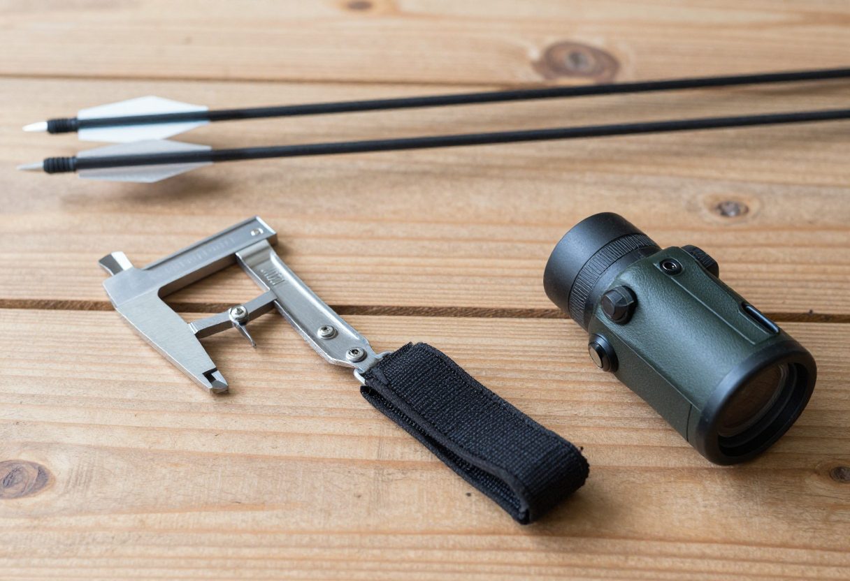 Hunting arrows with broadheads, a wrist-strap release aid, and a compact rangefinder