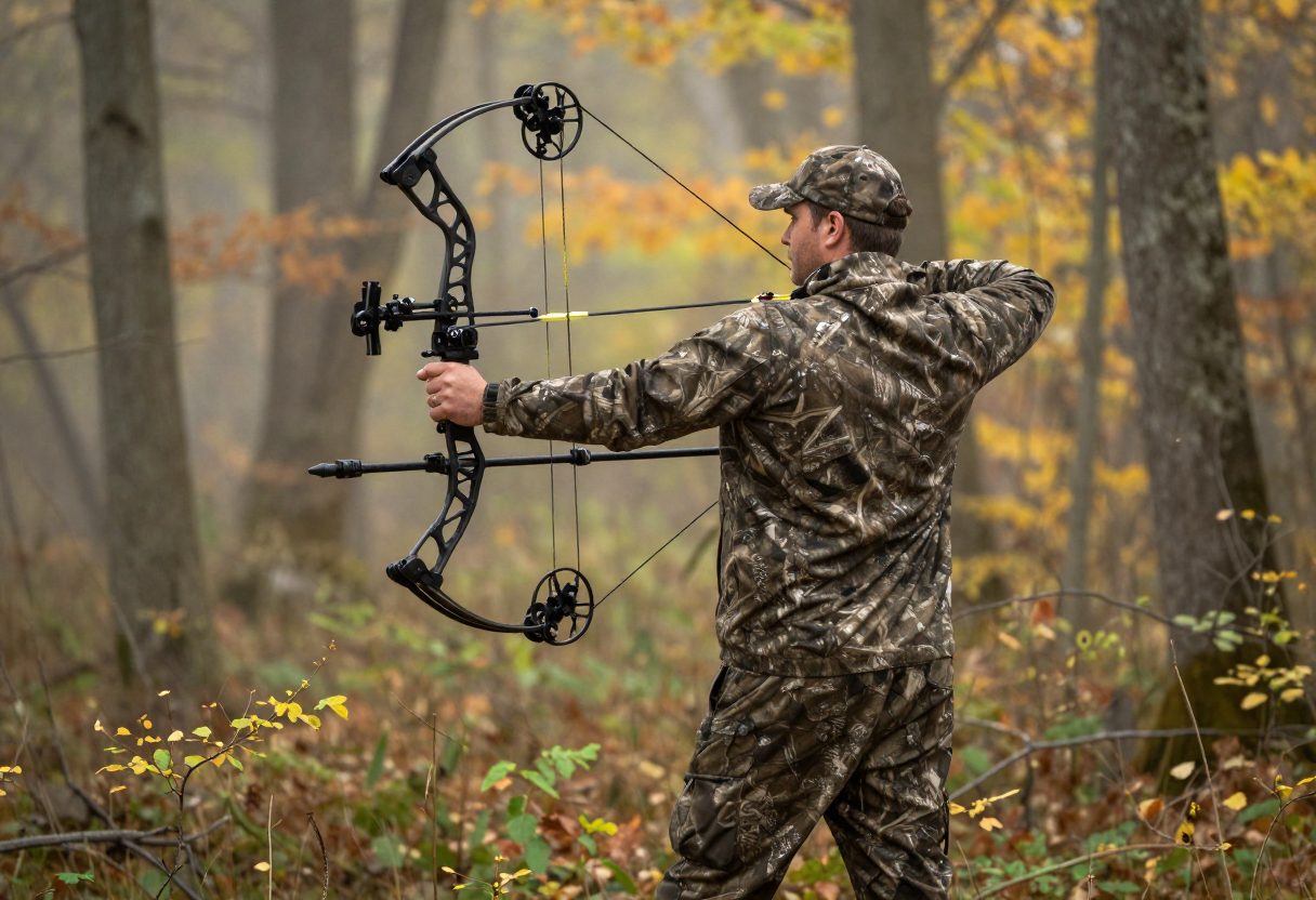 A hunter at full draw with a compound bow in an autumn forest