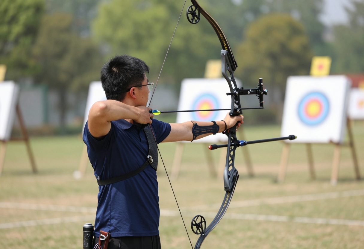 An archer at full draw practicing at an outdoor range with targets in the background
