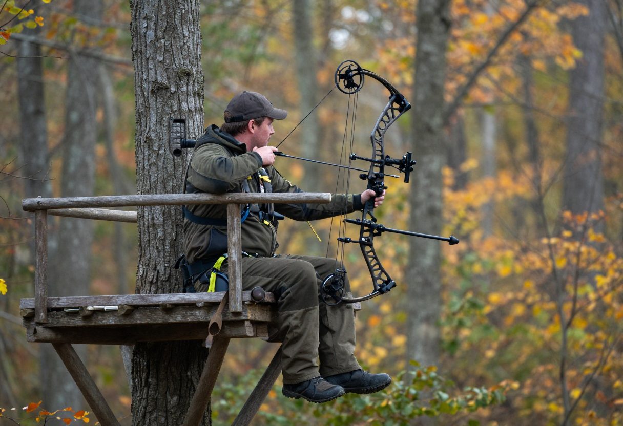 A hunter wearing a safety harness while seated in an elevated treestand