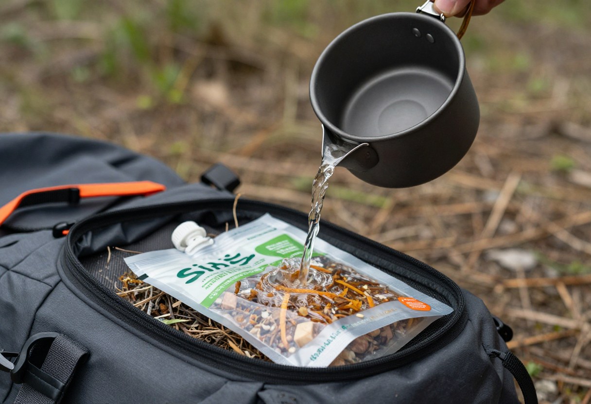 A hand pouring boiling water from a small pot into a dehydrated backpacking meal pouch at a campsite