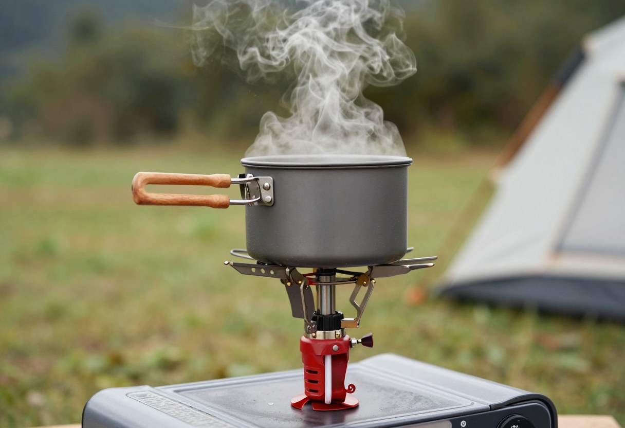 A portable camp stove with a pot cooking a meal at an outdoor campsite, steam rising
