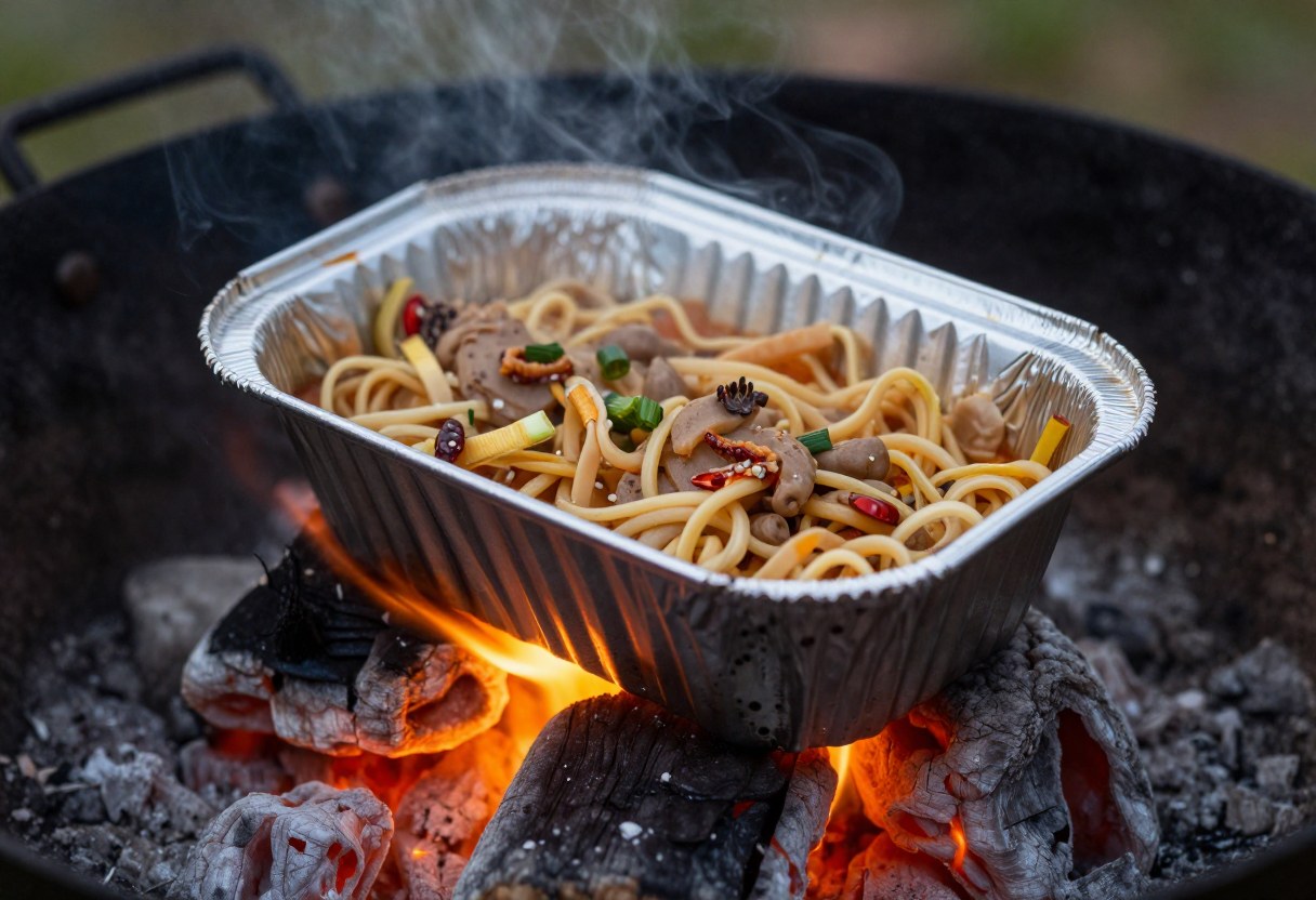 A foil packet meal cooking directly on glowing campfire coals