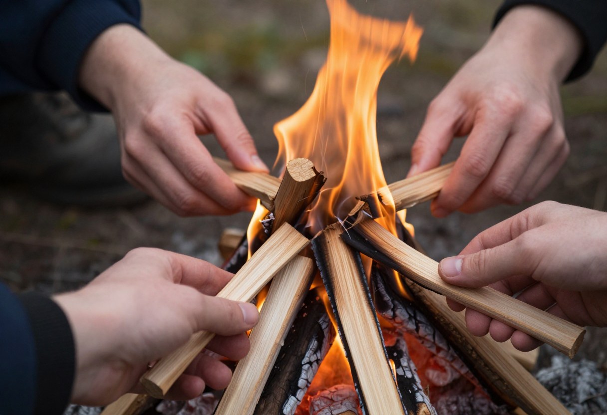 Hands arranging small kindling sticks in a teepee shape around tinder to start a campfire, close-up