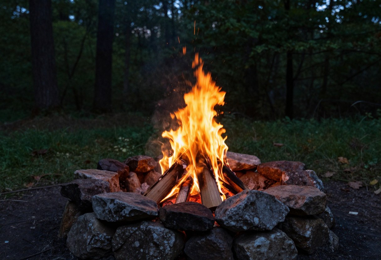 A well-built glowing campfire in a stone fire ring at dusk in a forest clearing