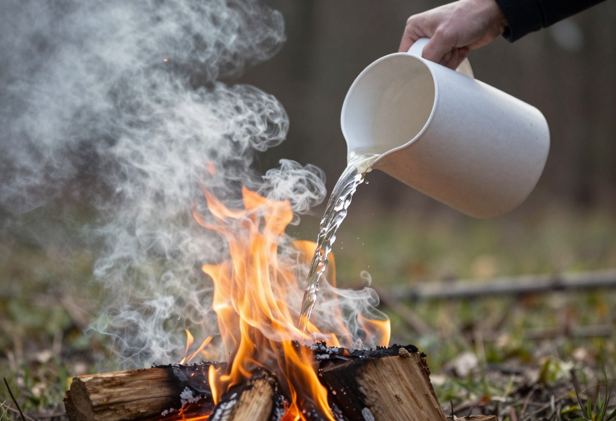 A person pouring water onto a campfire from a container, steam and smoke rising