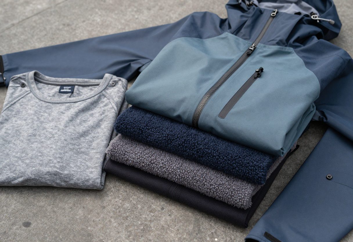 Folded camping clothing layers: a base layer, a fleece mid layer, and a rain shell