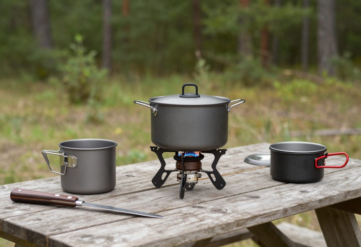 A two-burner camp stove cooking a pot of food on a picnic table, cookware nearby