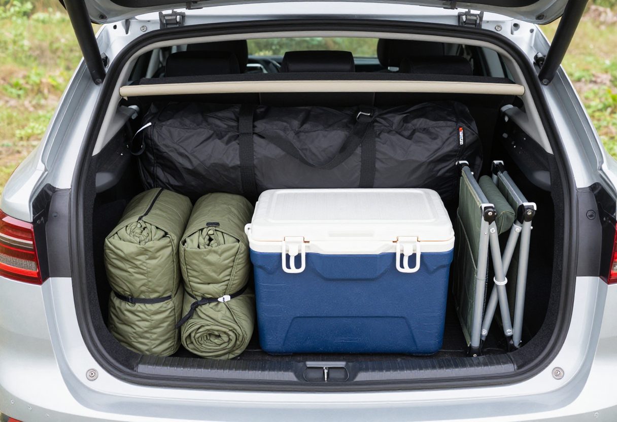 A car trunk neatly packed with camping gear: tent bag, sleeping bags, cooler, and camp chairs