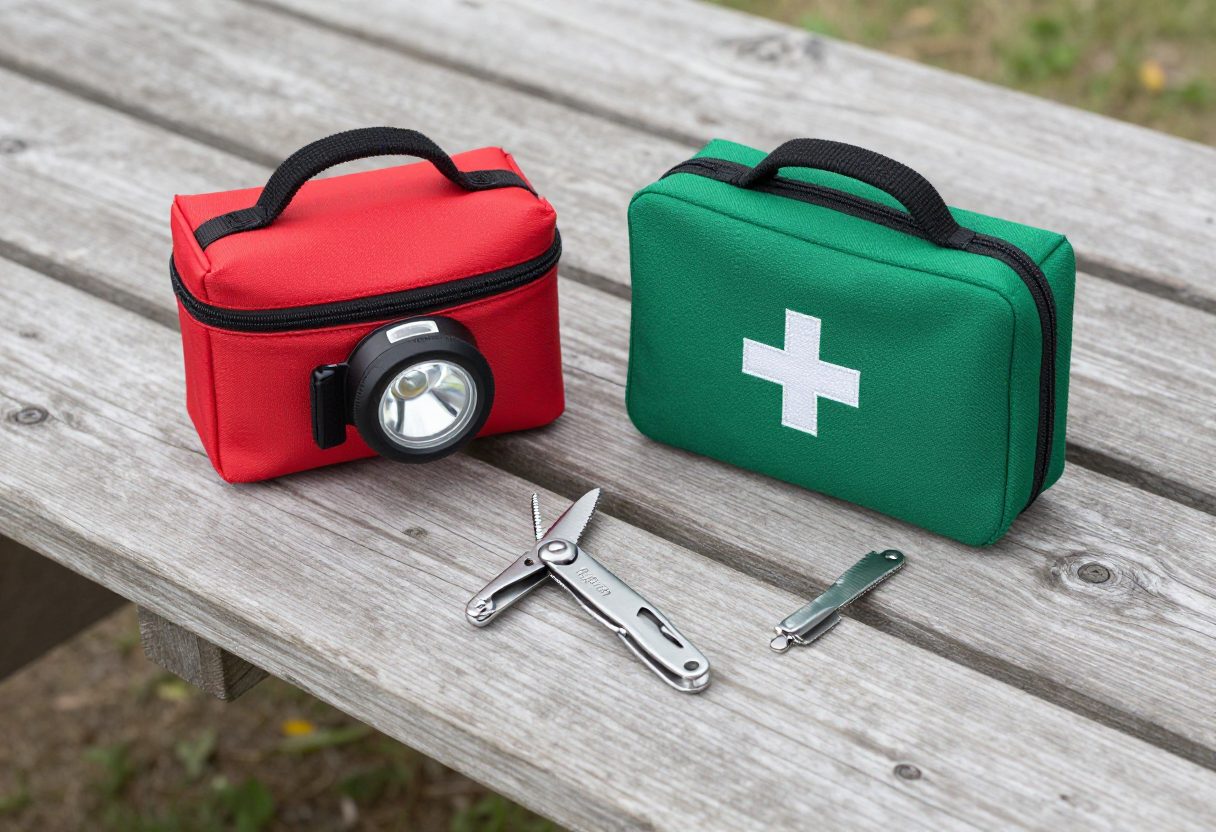 A first aid kit, headlamp, and multi-tool laid out on a picnic table