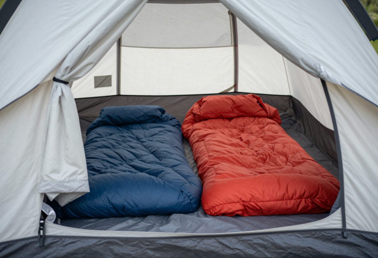 A pitched camping tent with sleeping bags and pads set up inside