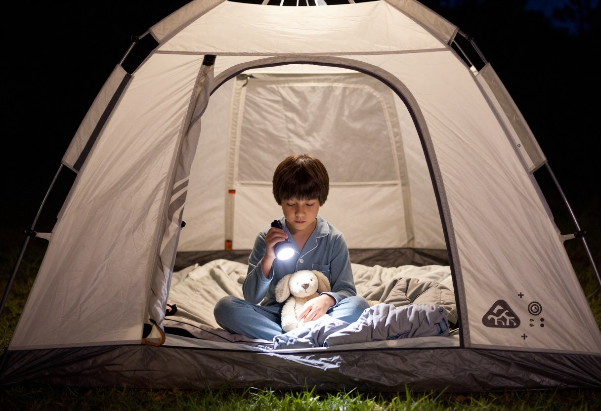 A child in pajamas sitting inside a glowing tent at night holding a small flashlight and a stuffed animal