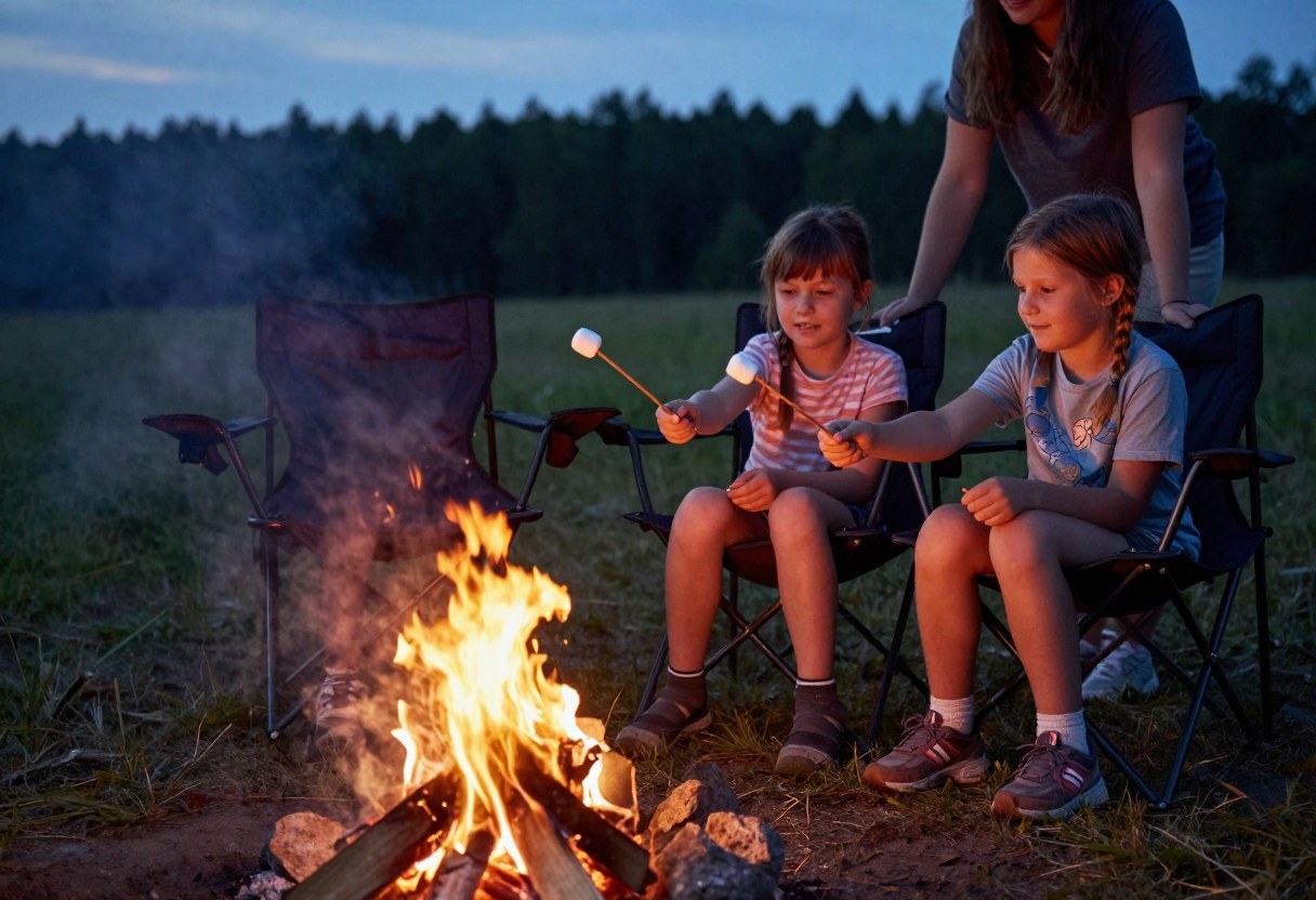Two children sitting on camp chairs roasting marshmallows on sticks over a small campfire at dusk with an adult beside them