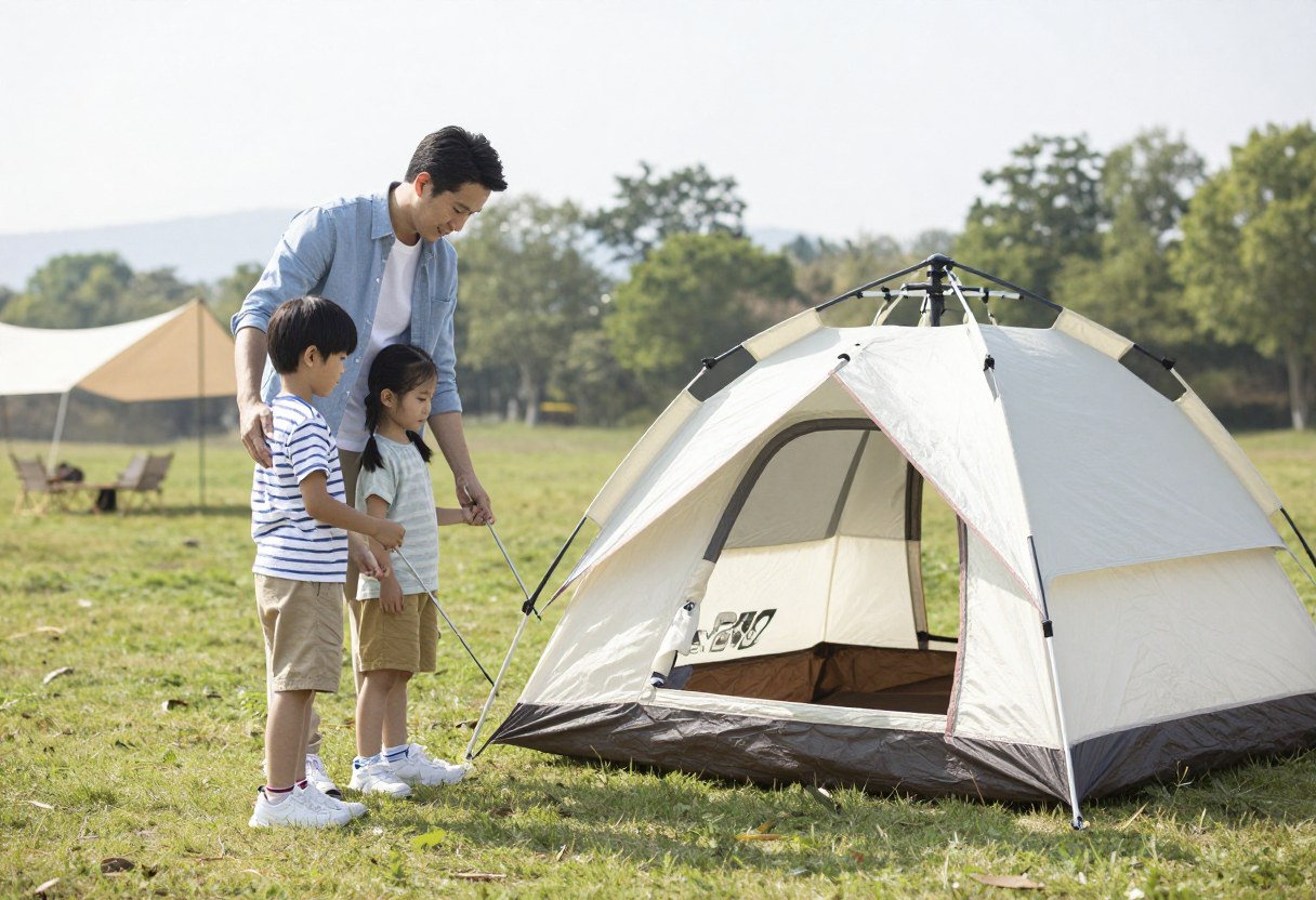 A parent and two children setting up a family tent together on a grassy campsite