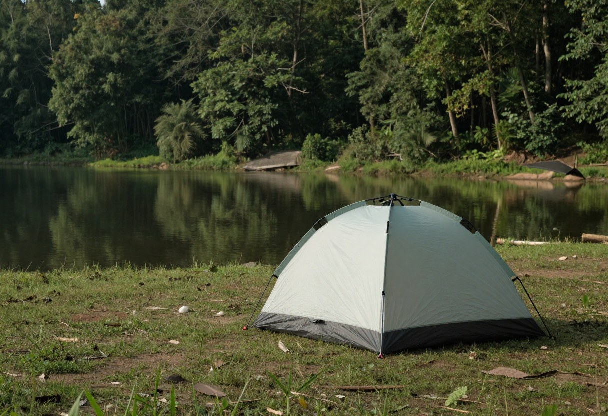 A tent set back a safe distance from a lake shoreline in a forest clearing