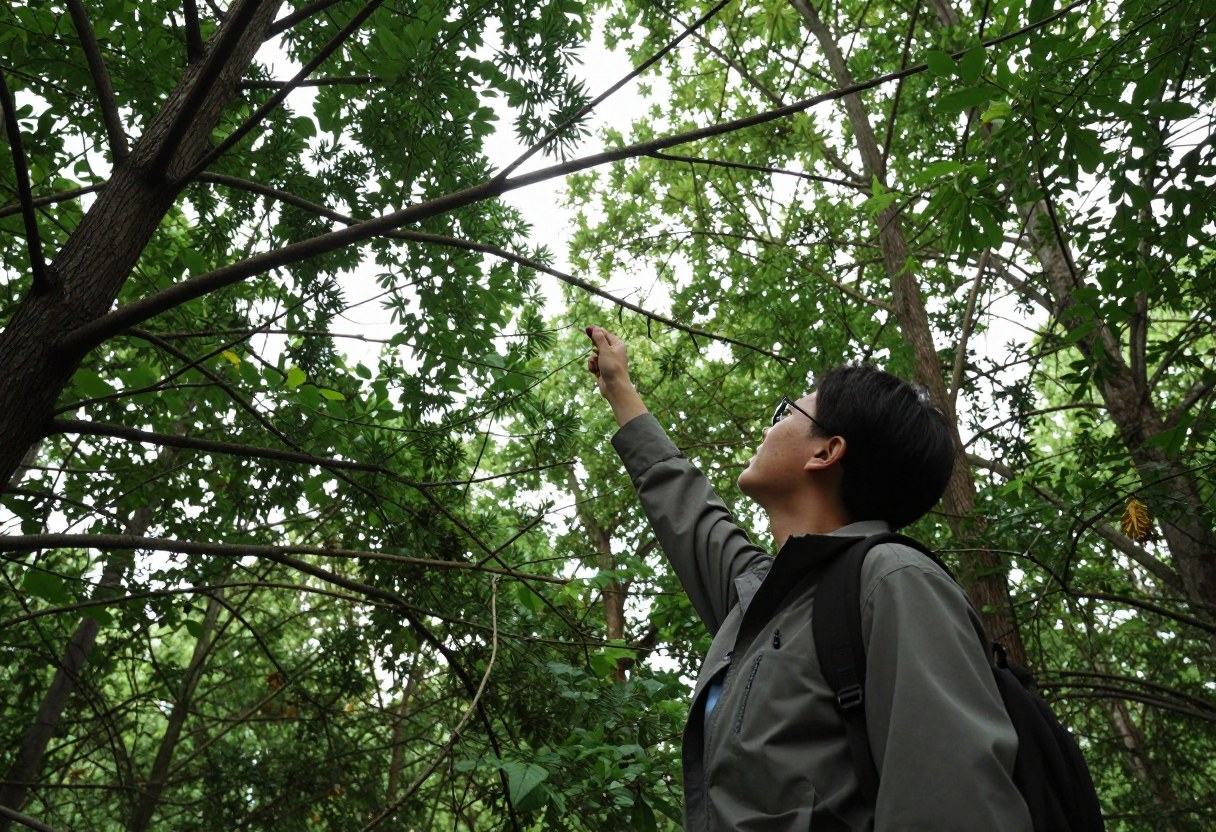 A person looking upward at a forest canopy checking for dead branches overhead
