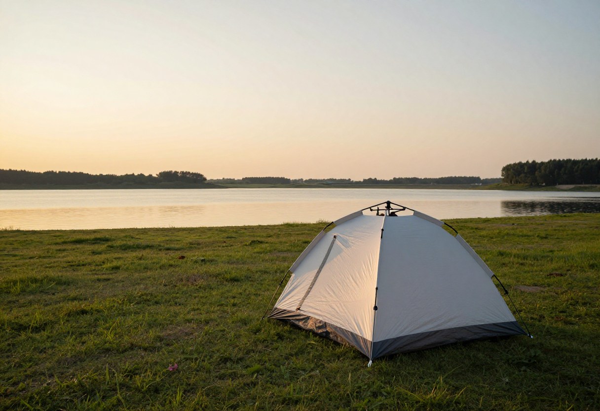 A tent pitched on a flat grassy clearing near a calm lake at sunset, a scenic campsite