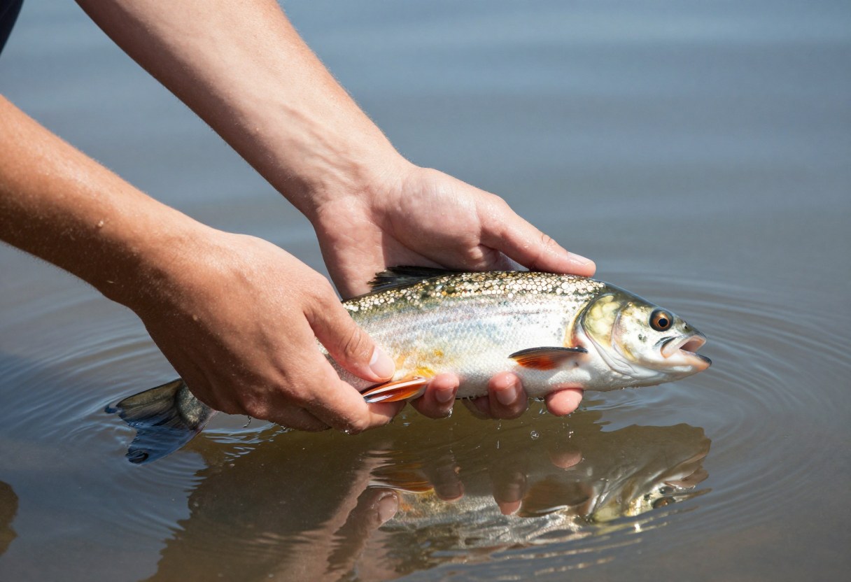 Hands gently releasing a fish back into calm water, close to the surface
