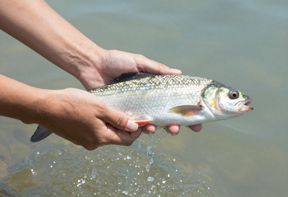 Hands holding a fish upright underwater facing into a gentle current to revive it