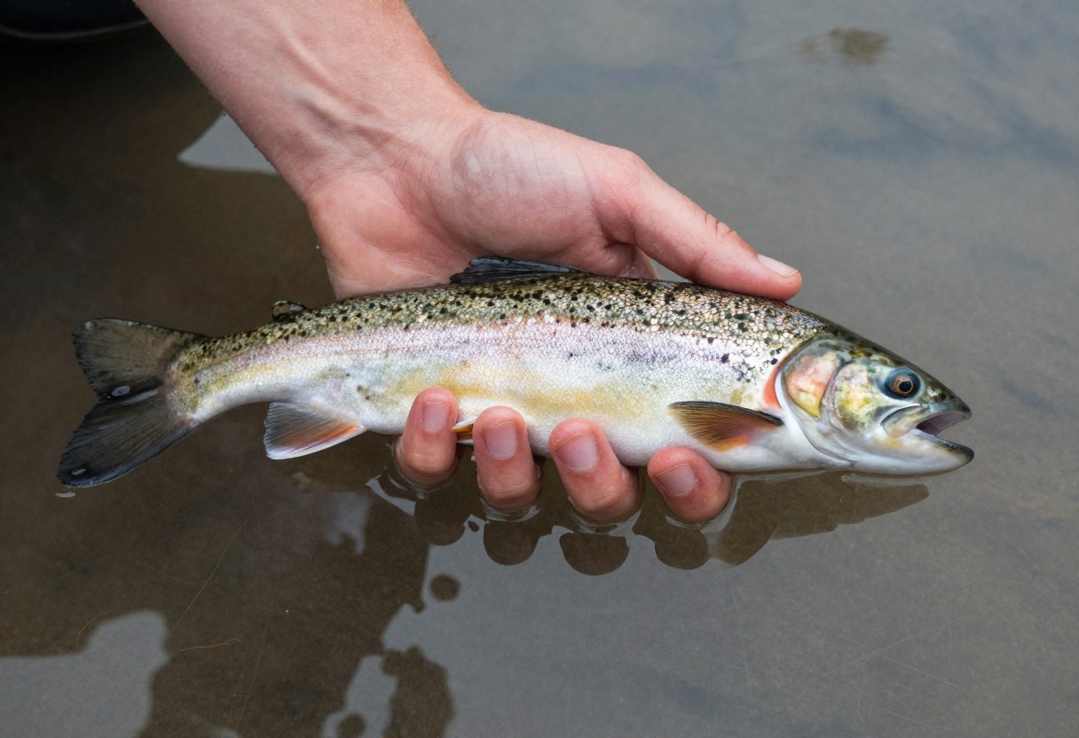 Wet hands gently cradling a trout horizontally just above the water surface